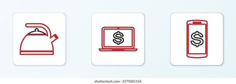 Set line Smartphone with dollar, Kettle handle and Laptop icon. Vector