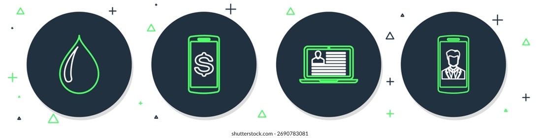 Set line Smartphone with dollar, Laptop resume, Water drop and contact icon. Vector