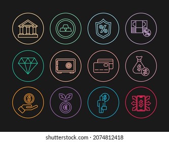 Set line Smartphone with dollar, Money bag, Loan percent, Safe, Diamond, Bank building, Credit card and Gold bars icon. Vector