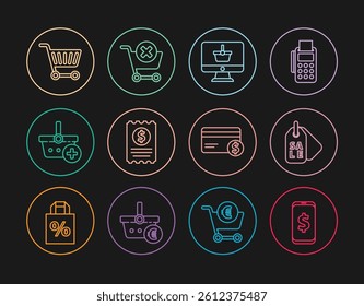 Set line Smartphone with dollar, Price tag Sale, Monitor shopping basket, Paper check and financial check, Add Shopping, cart, Credit card and Remove icon. Vector
