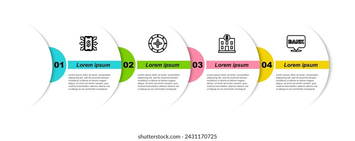 Set line Smartphone with dollar, Safe, Bank building and . Business infographic template. Vector