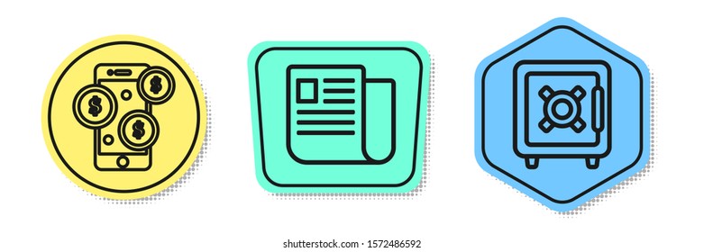 Set line Smartphone with dollar symbol, File document and Safe. Colored shapes. Vector