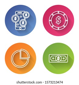 Set line Smartphone with dollar symbol, Coin money with dollar symbol, Pie chart infographic and Stacks paper money cash. Color circle button. Vector