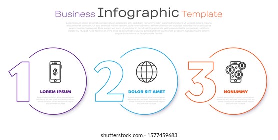 Set line Smartphone with dollar symbol, Earth globe and Smartphone with dollar symbol. Business infographic template. Vector
