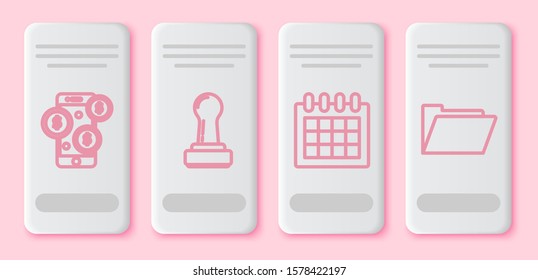 Set line Smartphone with dollar symbol, Stamp, Calendar and Document folder. White rectangle button. Vector