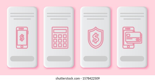 Set line Smartphone with dollar symbol, Calculator, Shield with dollar symbol and Mobile phone and credit card. White rectangle button. Vector