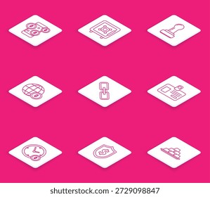 Set line Smartphone with dollar symbol, Safe, Stamp, Earth globe, Chain link, Identification badge, Time is money and Shield icon. Vector