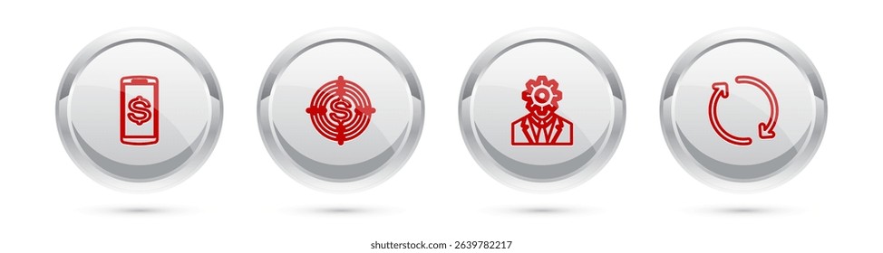 Set line Smartphone with dollar, Target, Head gear inside and Refresh. Silver circle button. Vector