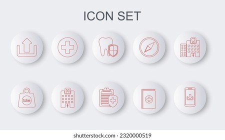 Set line Smartphone with download, Weight pounds, Dental protection, Medical book, Upload, cross in circle, hospital building and Clipboard medical insurance icon. Vector