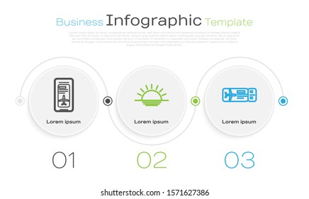 Set Line Smartphone With Electronic Boarding Pass Airline Ticket, Sunset And Airline Ticket. Business Infographic Template. Vector