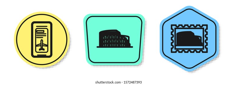 Set line Smartphone with electronic boarding pass airline ticket, Coliseum in Rome, Italy and Postal stamp and Coliseum. Colored shapes. Vector