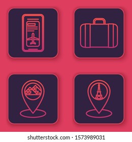 Set line Smartphone with electronic boarding pass airline ticket, Map pointer with Egypt pyramids, Suitcase for travel and Map pointer with Eiffel tower. Blue square button. Vector