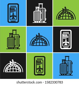 Set line Smartphone with electronic boarding pass airline ticket, Globe with flying plane and Suitcase for travel icon. Vector