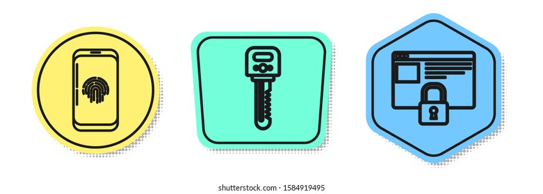 Set line Smartphone with fingerprint scanner , Key  and Secure your site with HTTPS, SSL. Colored shapes. Vector