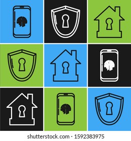 Set line Smartphone with fingerprint scanner , House under protection  and Shield with keyhole  icon. Vector