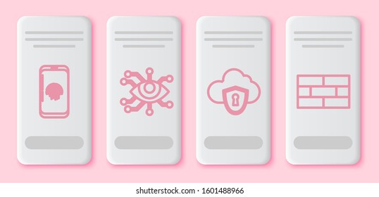 Set line Smartphone with fingerprint scanner , Eye scan , Cloud and shield and Bricks . White rectangle button. Vector