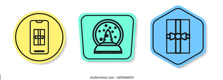 Set line Smartphone with gift box, Christmas snow globe and Gift box. Colored shapes. Vector