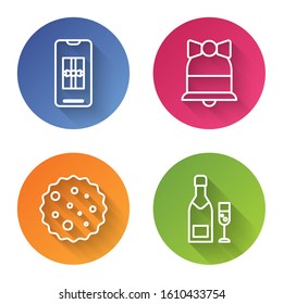 Set line Smartphone with gift box, Merry Christmas ringing bell, Cookie or biscuit with chocolate and Champagne bottle and glass of champagne. Color circle button. Vector