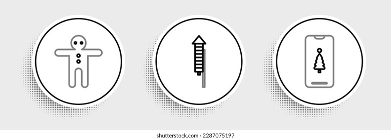 Set line Smartphone with gift box, Holiday gingerbread man cookie and Firework rocket icon. Vector
