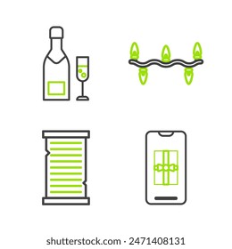 Set line Smartphone with gift box, Christmas wish list template, lights and Champagne bottle and glass of champagne icon. Vector