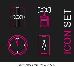 Set line Smartphone with gift box, Clock, Price tag an inscription Sale and Gift icon. Vector