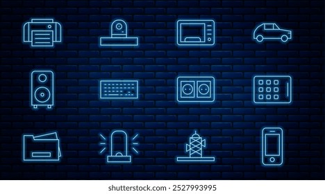 Set line Smartphone, Graphic tablet, Microwave oven, Keyboard, Stereo speaker, Printer, Electrical outlet and Security camera icon. Vector