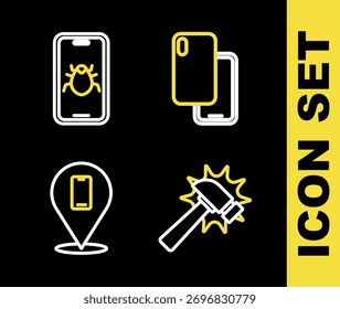 Set line Smartphone, Hammer, Telefon Reparatur-Service und System bug mobile Symbol. Vektorgrafik