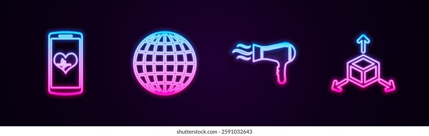 Set line Smartphone with heart rate, Earth globe, Hair dryer and Isometric cube. Glowing neon icon. Vector