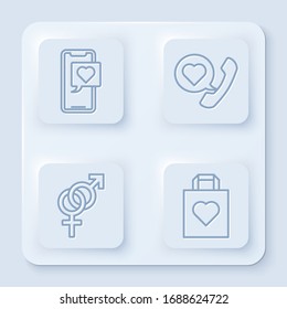 Set line Smartphone with heart speech bubble, Telephone with heart speech bubble, Gender and Shopping bag with heart. White square button. Vector