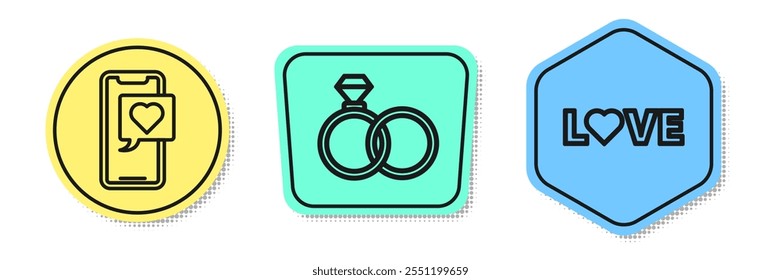 Set line Smartphone with heart speech bubble, Wedding rings and Love text. Colored shapes. Vector