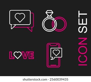 Set line Smartphone with heart speech bubble, Love text, Wedding rings and Like and icon. Vector