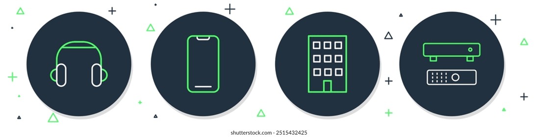 Set line Smartphone, House, Headphones and Multimedia and TV box icon. Vector