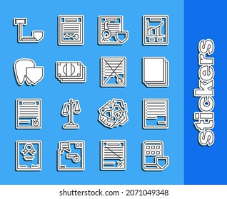 Línea de seguros de Smartphone, Documento, Papel limpio, con llave con escudo, Pila dinero en efectivo, Diente, Juez con gavel y Borrar icono de documento de archivo. Vector
