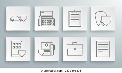 Set line Smartphone insurance, Fax machine, Medical clipboard with clinical record, Briefcase, Document, Clipboard checklist, Tooth shield and Car icon. Vector