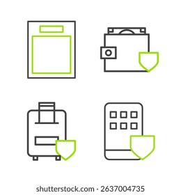 Set line Smartphone insurance, Traveling baggage, Wallet and money with shield and Empty form icon. Vector
