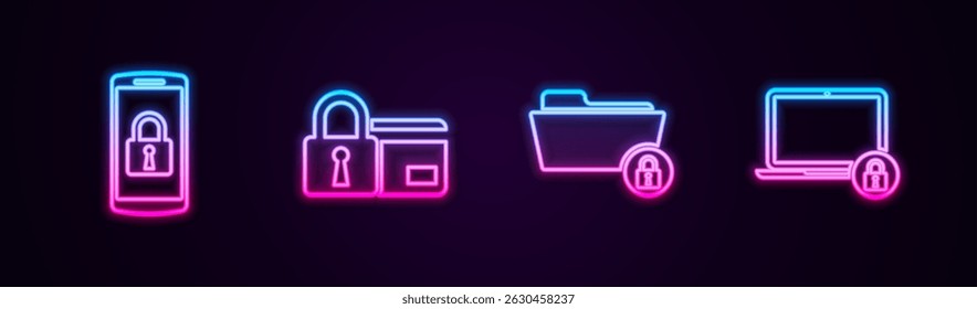 Set line Smartphone mit Schloss, Kreditkarte, Ordner und Laptop. Leuchtendes Neonsymbol. Vektorgrafik