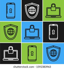 Set line Smartphone with lock , Laptop and lock  and Shield with world globe  icon. Vector