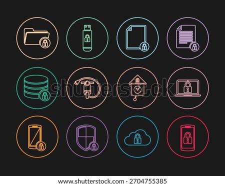 Set line Smartphone with lock, Laptop and, Document, Electric scooter, Server security, Folder, Retro wall watch and USB flash drive icon. Vector