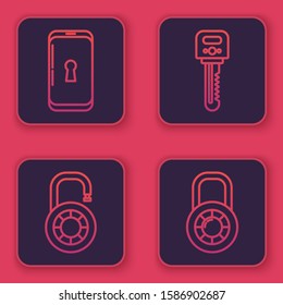Set line Smartphone with lock , Safe combination lock wheel , Key  and Safe combination lock wheel . Blue square button. Vector