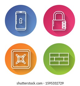 Set line Smartphone with lock , Safe combination lock , Safe  and Bricks . Color circle button. Vector