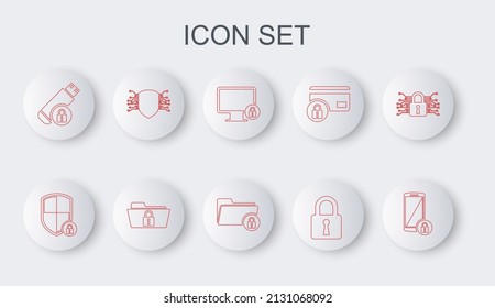 Ajuste la línea Smartphone con bloqueo, seguridad Escudo, monitor de bloqueo, unidad flash USB, Cyber, Carpeta e icono. Vector