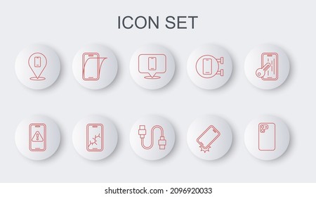 Set line Smartphone, Mobile with exclamation mark, Phone repair service, Shockproof, Glass screen protector, broken and USB cable cord icon. Vector