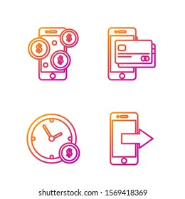 Set line Smartphone, mobile phone, Time is money, Smartphone with dollar symbol and Mobile phone and credit card. Gradient color icons. Vector