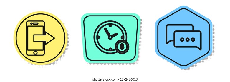 Set line Smartphone, mobile phone, Time is money and Speech bubble chat. Colored shapes. Vector