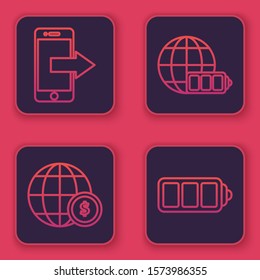 Set line Smartphone, mobile phone, Earth globe with dollar symbol, Battery charge level indicator with earth globe and Battery charge level indicator. Blue square button. Vector