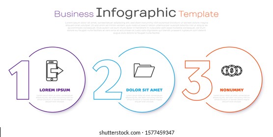 Set line Smartphone, mobile phone, Document folder and Coin money with dollar symbol. Business infographic template. Vector