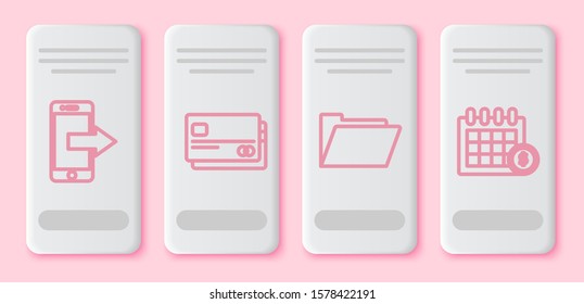 Set line Smartphone, mobile phone, Credit card, Document folder and Financial calendar. White rectangle button. Vector