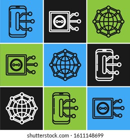 Set line Smartphone, mobile phone, Global technology or social network and Remote control icon. Vector