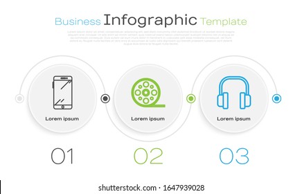 Establezca la línea Smartphone, teléfono móvil, carrete de película y auriculares. Plantilla de infografía empresarial. Vector