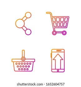 Set line Smartphone, mobile phone, Shopping basket, Share and Shopping cart. Gradient color icons. Vector